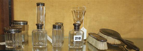 Silver & tortoiseshell-mtd part dressing table set, 7 silver mtd toilet bottles & an 18C spiral twist wine glass